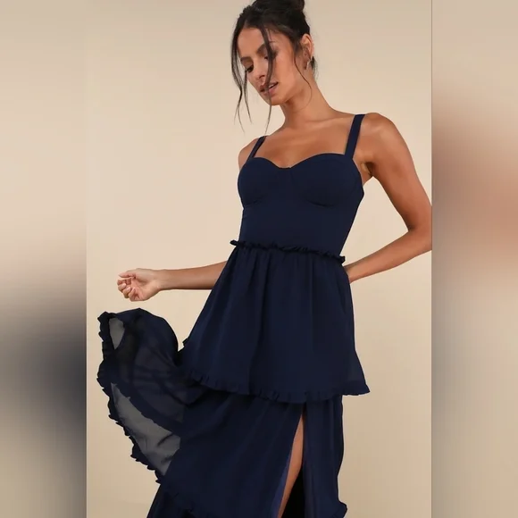 Lulus Sophisticated Occasion Navy Blue Bustier Lace-Up Maxi Dress Wedding